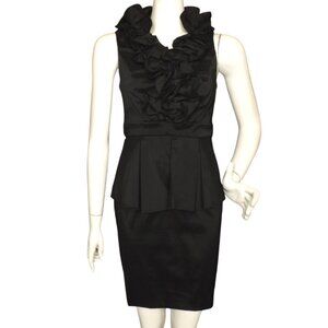 XSCAPE Dress, 4, Black, Short, Peplum, Big Ruffle V-neck, Sheath, Zipper